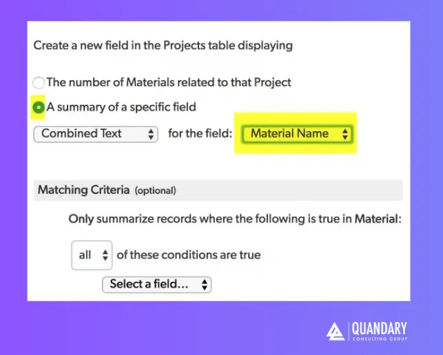 Selecting a Material Name in Quickbase | Quandary Consulting Group