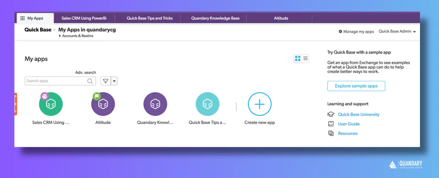 Quickbase Realm, 'My Apps' Homepage in Grid View | Quandary Consulting Group