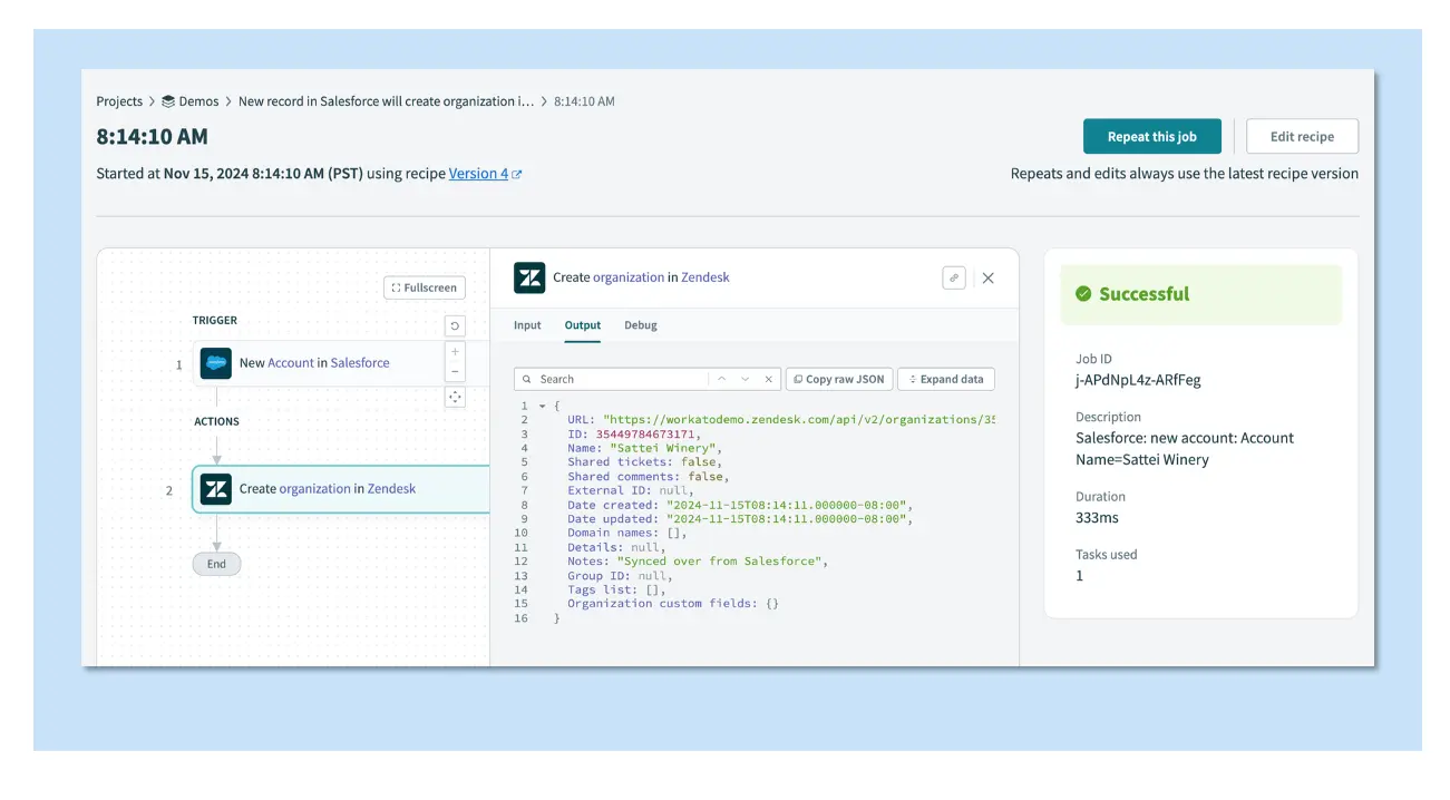 Job details page showing details of the Create organization in Zendesk action