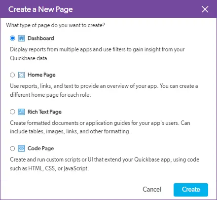 the create a new page wizard
