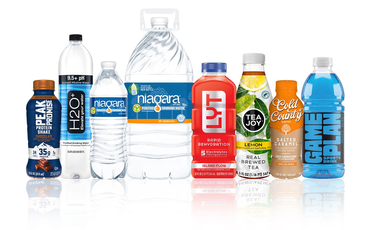Collection of Niagara Bottling beverage products, including bottled water, alkaline water, protein shakes, electrolyte drinks, tea, coffee beverages, and sports drinks.
