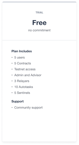 Free trial plan with 5 users, 5 contracts, testnet access, admin tools, 3 relayers, 10 autotasks, and community support.