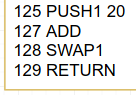 Code snippet showing assembly language instructions: PUSH1, ADD, SWAP1, and RETURN with their hexadecimal opcodes.