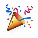 Colorful party horn with blue and pink ribbons bursting from the opening surrounded by confetti dots.