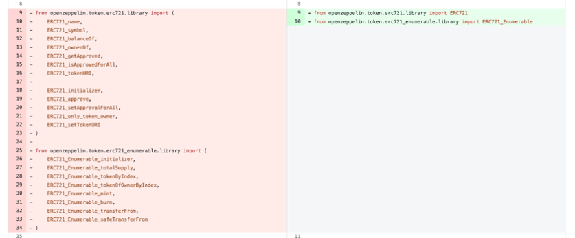 Side-by-side comparison of Python import statements from two ERC721 token libraries with differences highlighted in red and green.