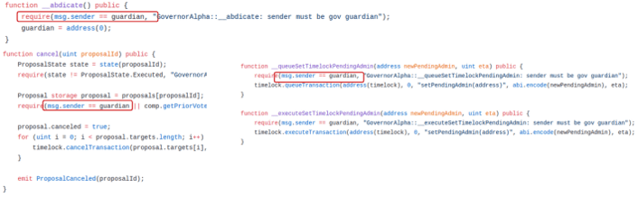 Code snippet showing Solidity smart contract functions with require statements and guardian address validations highlighted in red boxes.