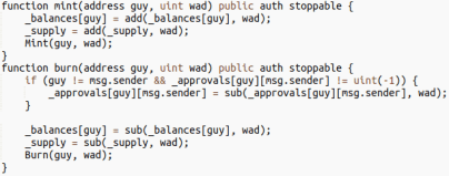 Solidity smart contract code showing mint and burn functions with authorization checks and balance management.