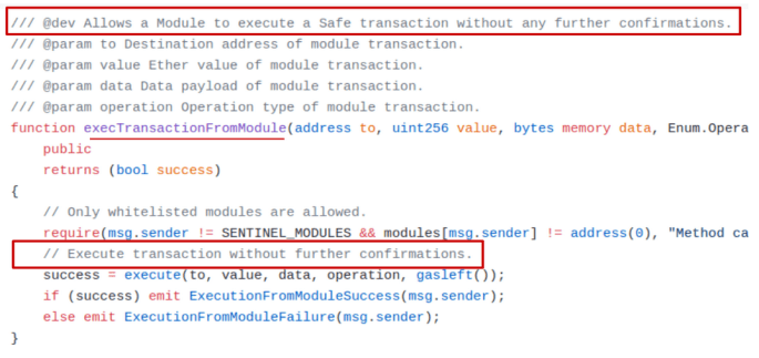 Solidity smart contract code showing a function for executing safe module transactions with parameters and execution logic.