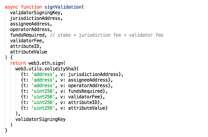 Solidity code snippet showing an async signValidation function with Web3 signing implementation and parameter definitions.