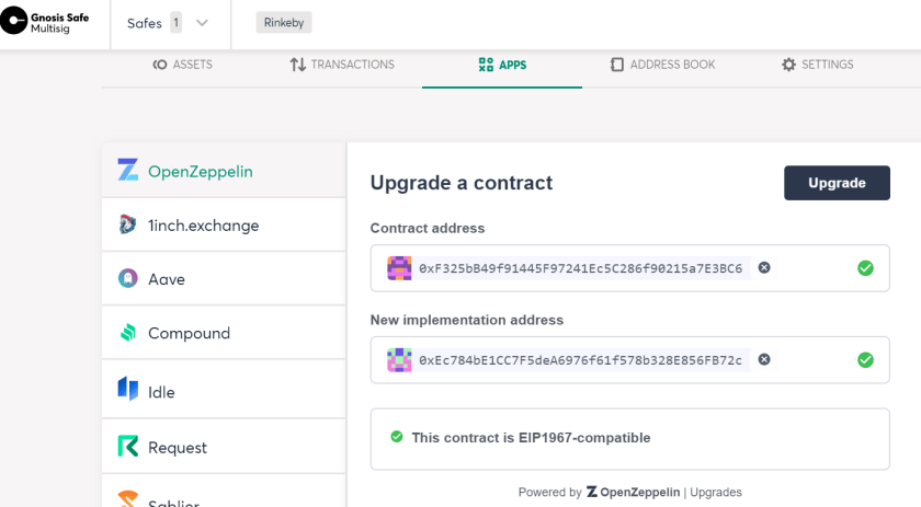 Gnosis Safe interface showing contract upgrade form with OpenZeppelin and other DeFi app integrations in left sidebar.