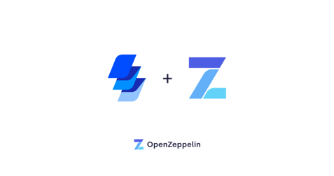Blue lightning bolt icon plus blue Z letter icon equals OpenZeppelin logo.