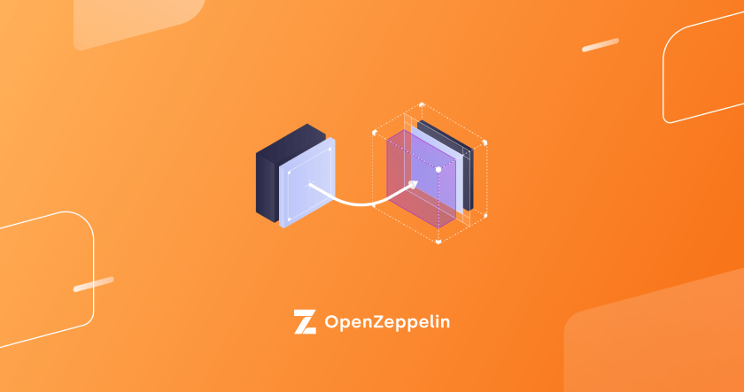 Two connected 3D device icons with a flowing line on a bright orange background, showing OpenZepplin logo and text.