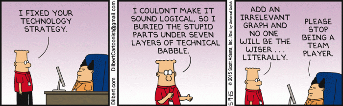 A three-panel comic showing two office workers discussing absurd technical solutions and irrelevant design choices in a software project.