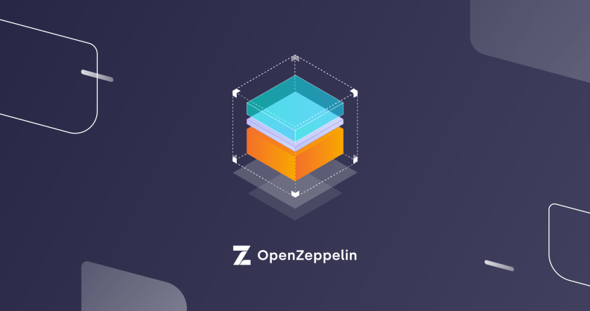 OpenZeppelin logo featuring a layered isometric cube in teal, pink, and orange on a dark blue background.