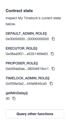 Screenshot showing contract state details with multiple role addresses and function parameters for a smart contract inspection interface.