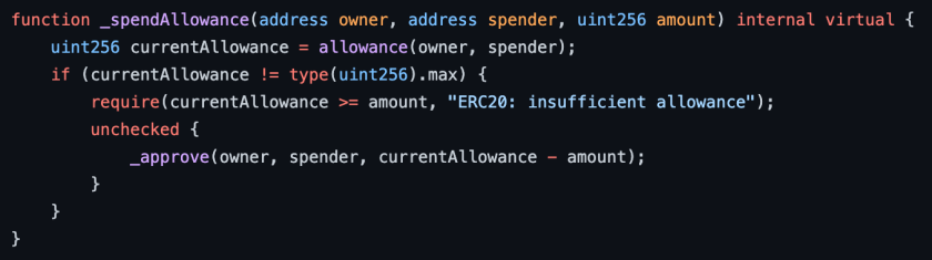 Solidity smart contract code for the _spendAllowance function with ERC20 token allowance validation and approval logic.