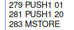 Three assembly instruction lines showing push and motor commands with numerical codes.