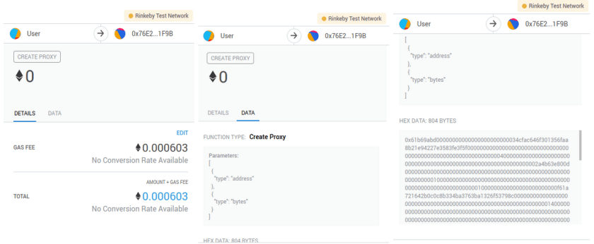 Three-step blockchain transaction flow showing user accounts, proxy creation, and hex data on Rinkeby Test Network.