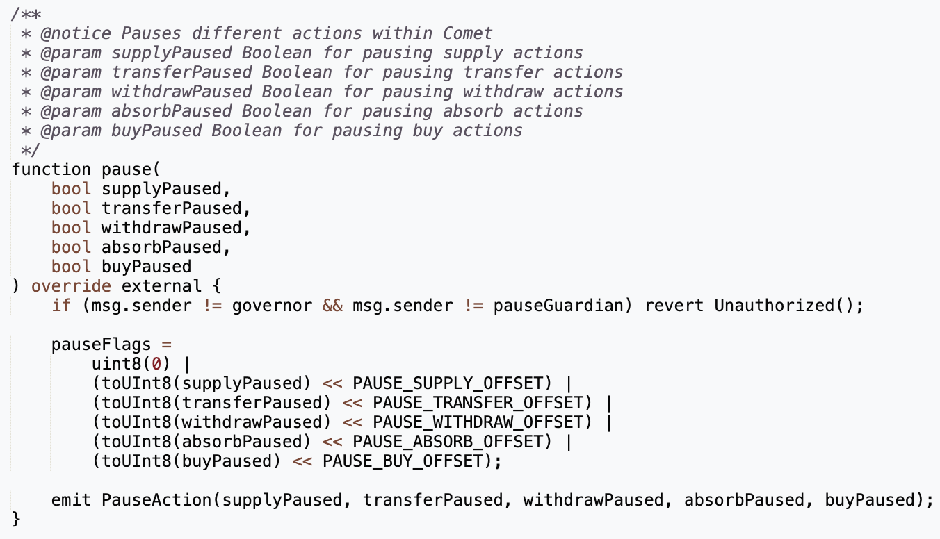 Solidity smart contract code showing a pause function with parameters for pausing supply, transfer, withdraw, absorb, and buy actions.