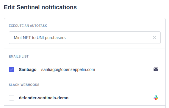 Settings panel for configuring automated notifications with email and Slack webhook options for NFT purchase alerts.
