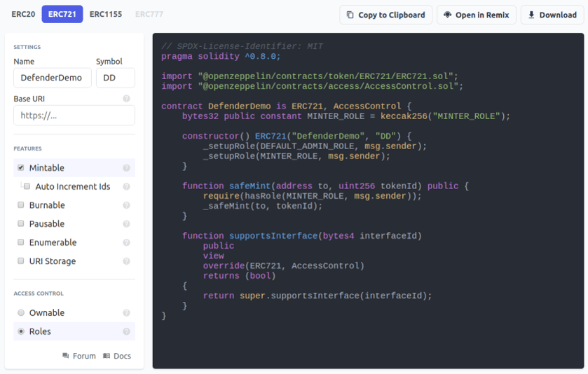 Smart contract code editor showing ERC721 token implementation with settings panel for token configuration.