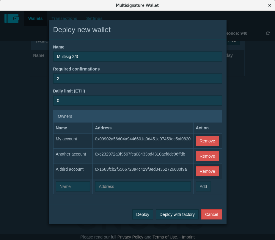 Multisignature wallet deployment form with configuration fields for name, required confirmations, daily limit, and owner accounts management.
