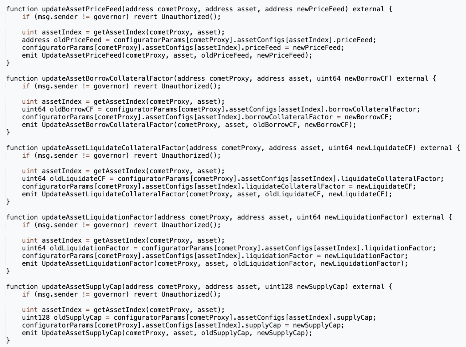 Solidity smart contract functions for updating asset configuration parameters with governor authorization checks.