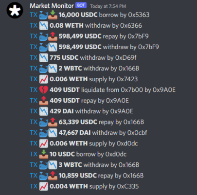 Market Monitor bot displaying a list of cryptocurrency transactions including borrows, withdrawals, repays, liquidations and supply activities with amounts and wallet addresses.