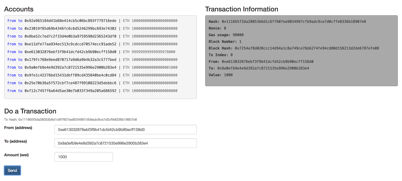 Cryptocurrency transaction interface showing account list, transaction details, and form to send funds between wallet addresses.