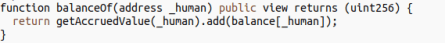 Code snippet showing a Solidity function that returns an accumulated balance value as a uint256