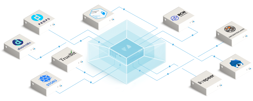 Network diagram showing interconnected platform logos and services connected to a central transparent cube hub.