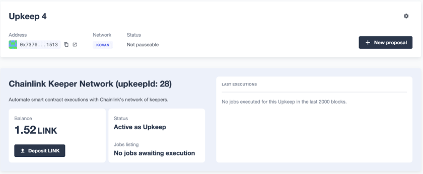 Dashboard interface showing Upkeep 4 smart contract with Chainlink Keeper Network status, balance, and execution details.