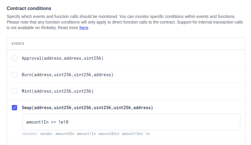 Settings panel for monitoring contract events with checkboxes for Approval, Burn, Mint, and Swap functions, with a condition filter showing "amount1In >= 1e18".