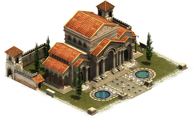 Isometric illustration of a classical Byzantine church with terracotta roof, stone columns, domed tower, and surrounding courtyards with fountains.