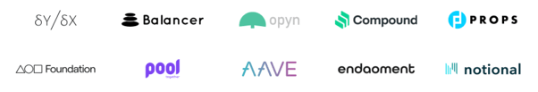 Collection of cryptocurrency and DeFi protocol logos including Balancer, Opyn, Compound, and Props.