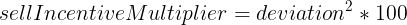 Mathematical formula showing sellIncentiveMultiplier equals deviation squared times 100.