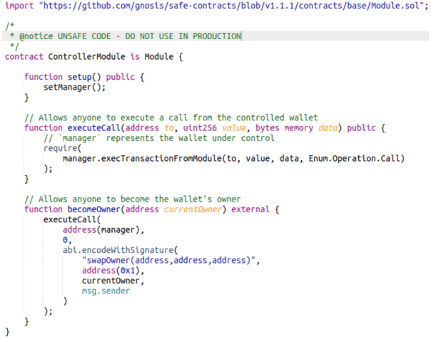 Solidity smart contract code showing ControllerModule with unsafe functions for executing calls and changing wallet ownership.