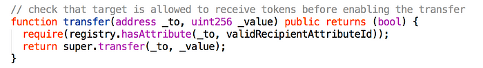 Code snippet showing a Solidity transfer function with access control validation and token transfer logic.