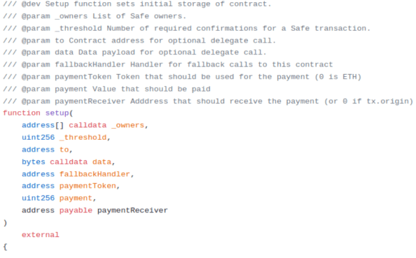 Solidity smart contract setup function with parameters for Safe owners, confirmations, contract address, and payment details.