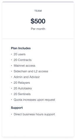 Team plan pricing card showing $500 per month with 20 users, contracts, admin access, relayers, autotasks, sentinels, and business hours support.