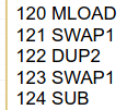 List of numbered items showing MLOAD, SWAP1, DUP1, and SUB opcodes