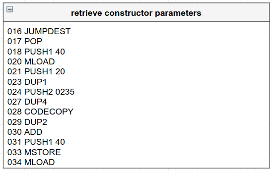 Java bytecode instructions for retrieving constructor parameters, including operations like JUMPDEST, POP, PUSH, MLOAD, DUP, CODECOPY, ADD, and MSTORE.