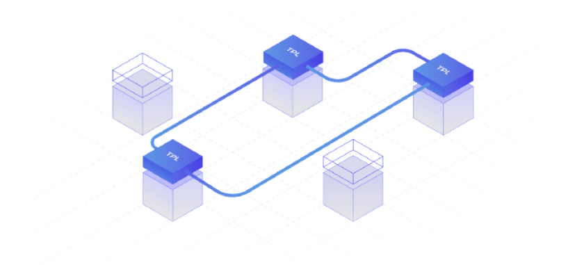 Network diagram showing five connected database or server nodes linked by blue pathways in an isometric view.