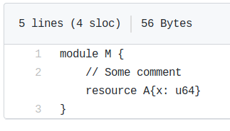 Code snippet showing a Move module with resource definition and comment, 5 lines totaling 56 bytes.