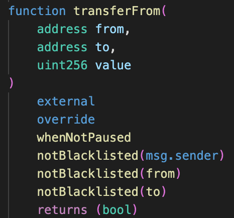Solidity smart contract code showing a transferFrom function with address parameters and modifier conditions.