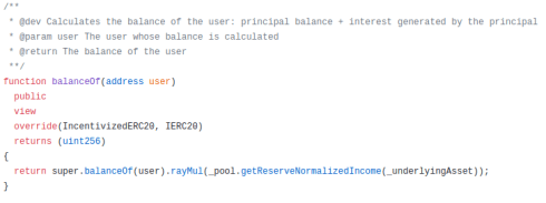 Code snippet showing a Solidity smart contract function that calculates user balance including principal and accrued interest.