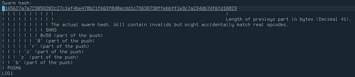 Terminal window showing swarm hash output with hexadecimal string and explanatory text about hash length and push operations.