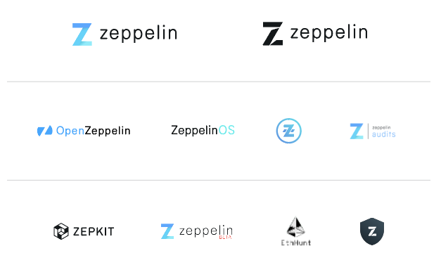 Zeppelin logo variations and product branding displayed in multiple formats and colors.