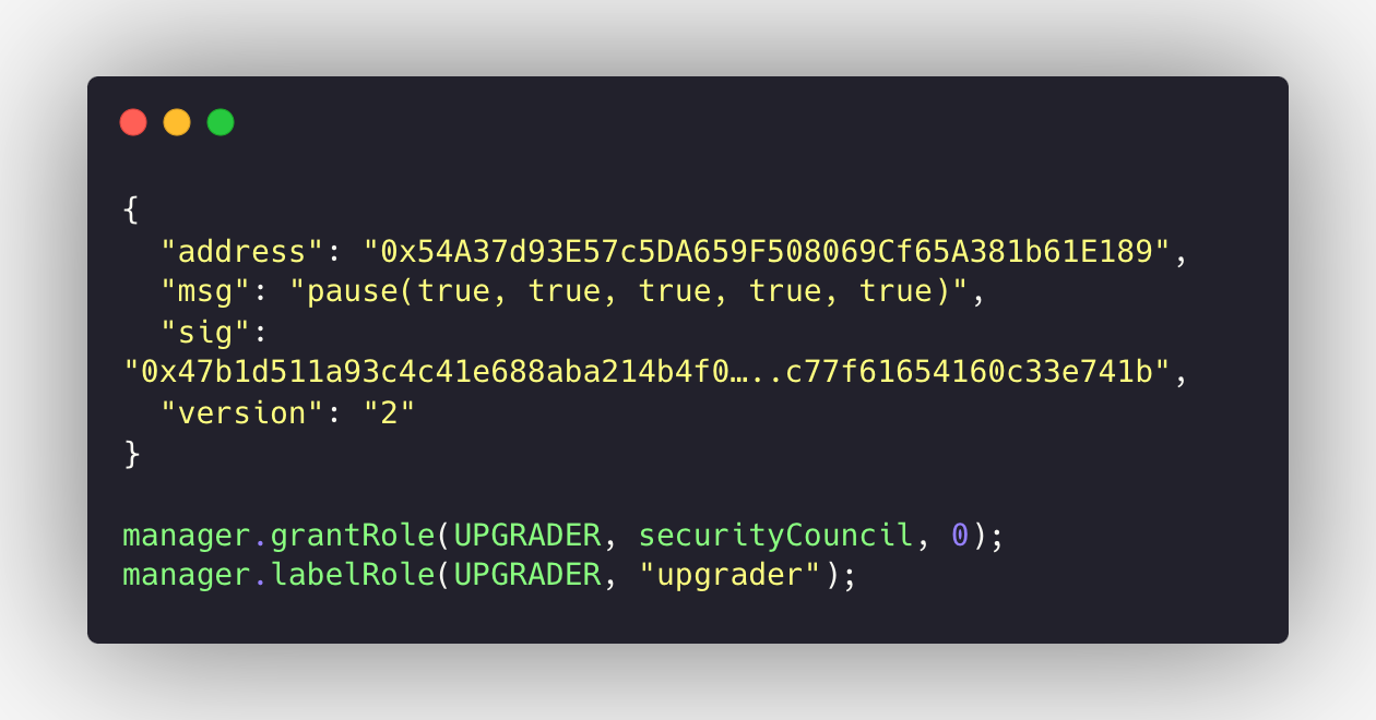 Browser window displaying code snippet with blockchain address, pause function, and role management commands in a dark terminal interface.