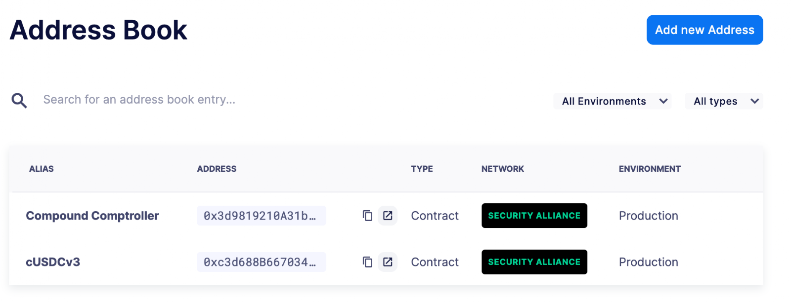 Address book interface showing blockchain contract entries with aliases, addresses, network types and environment details.